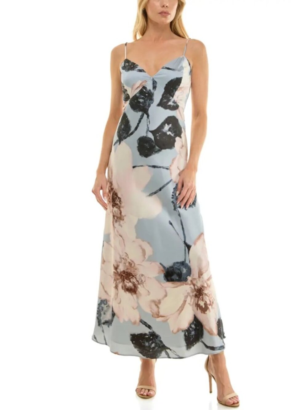 Socialite Floral Print Stretch Satin Slip Dress Blue Ivory V-Neck Maxi Sz S NWT